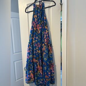 Blue Floral Maxi Dress with Orange & Pink Blooms